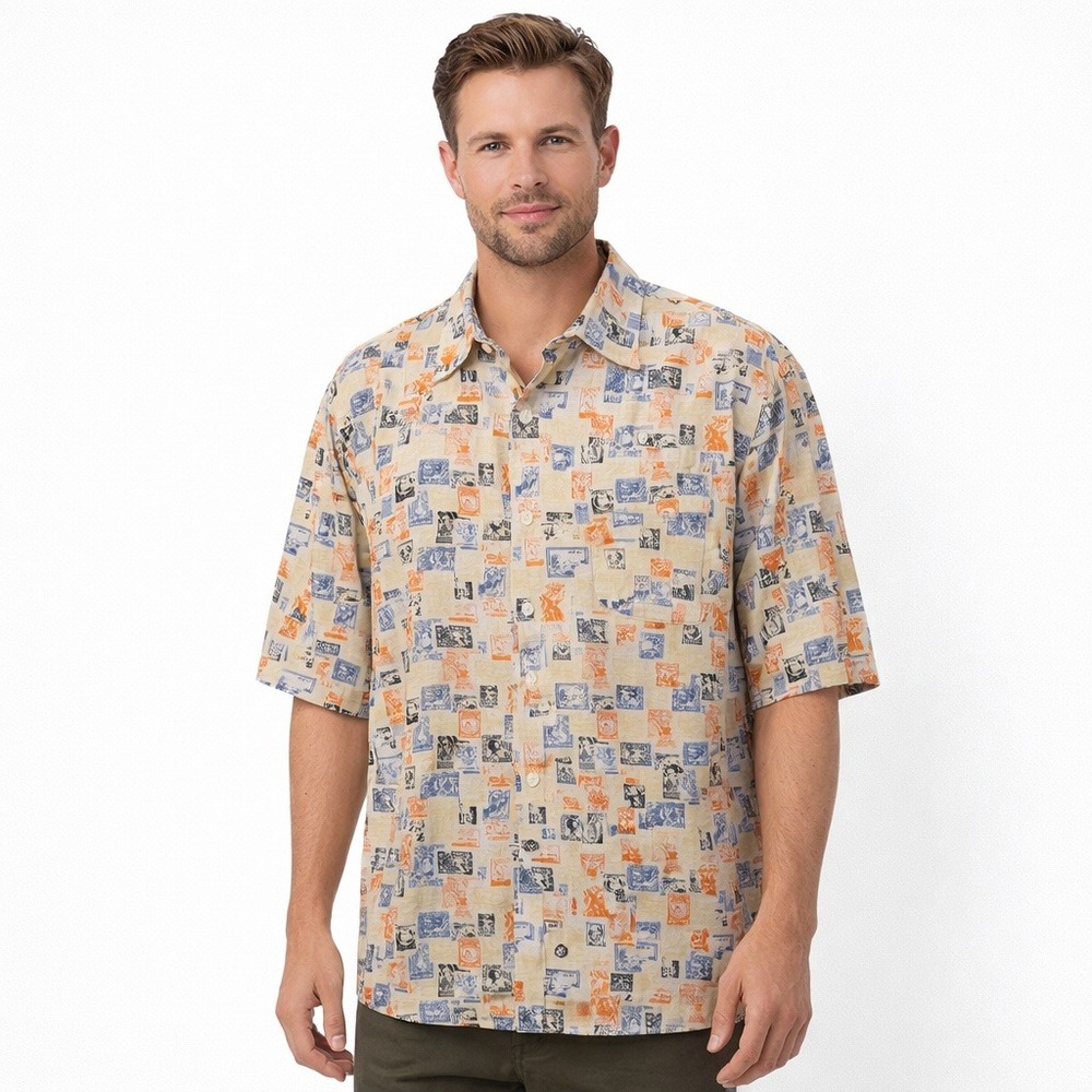 Cutter & Buck Mens XXL Silk‎ Postage Stamp Print Short Sleeve Button Down Shirt